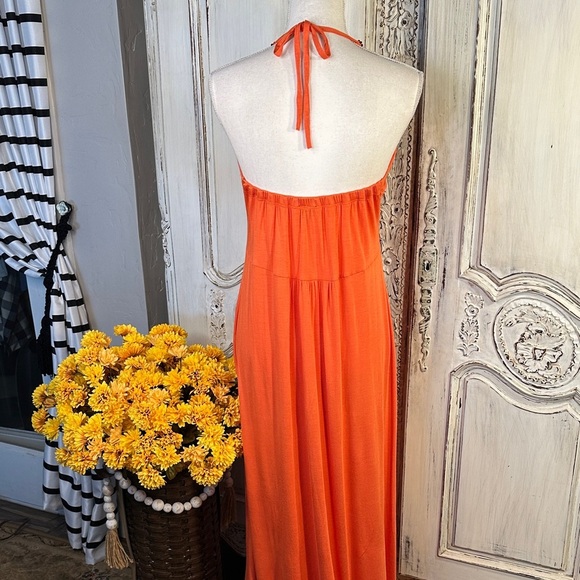 A.N.A. Orange Jersey Knit Halter Maxi Dress with Wood Beading Details - Picture 5 of 7
